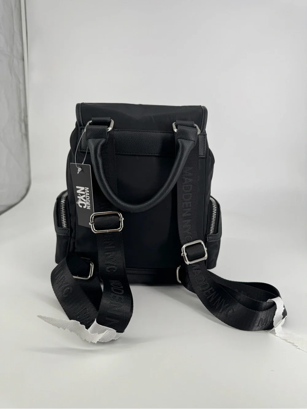 black Madden NYC buckle flap nylon mini backpack